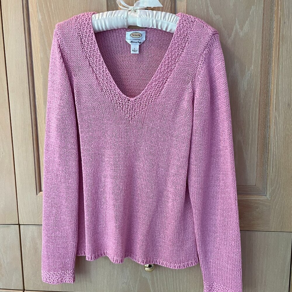 Talbots Pink V-Neck Loose-Weave Knit Long-Sleeve Sweater